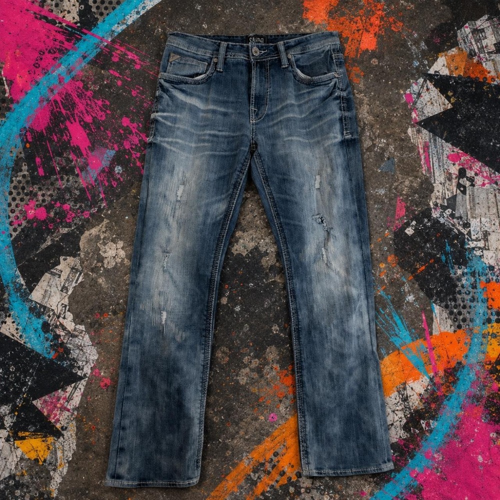 Salvage Distressed Blue Denim Jeans Mens 32 Straight Leg Embroidered Pockets Y2K